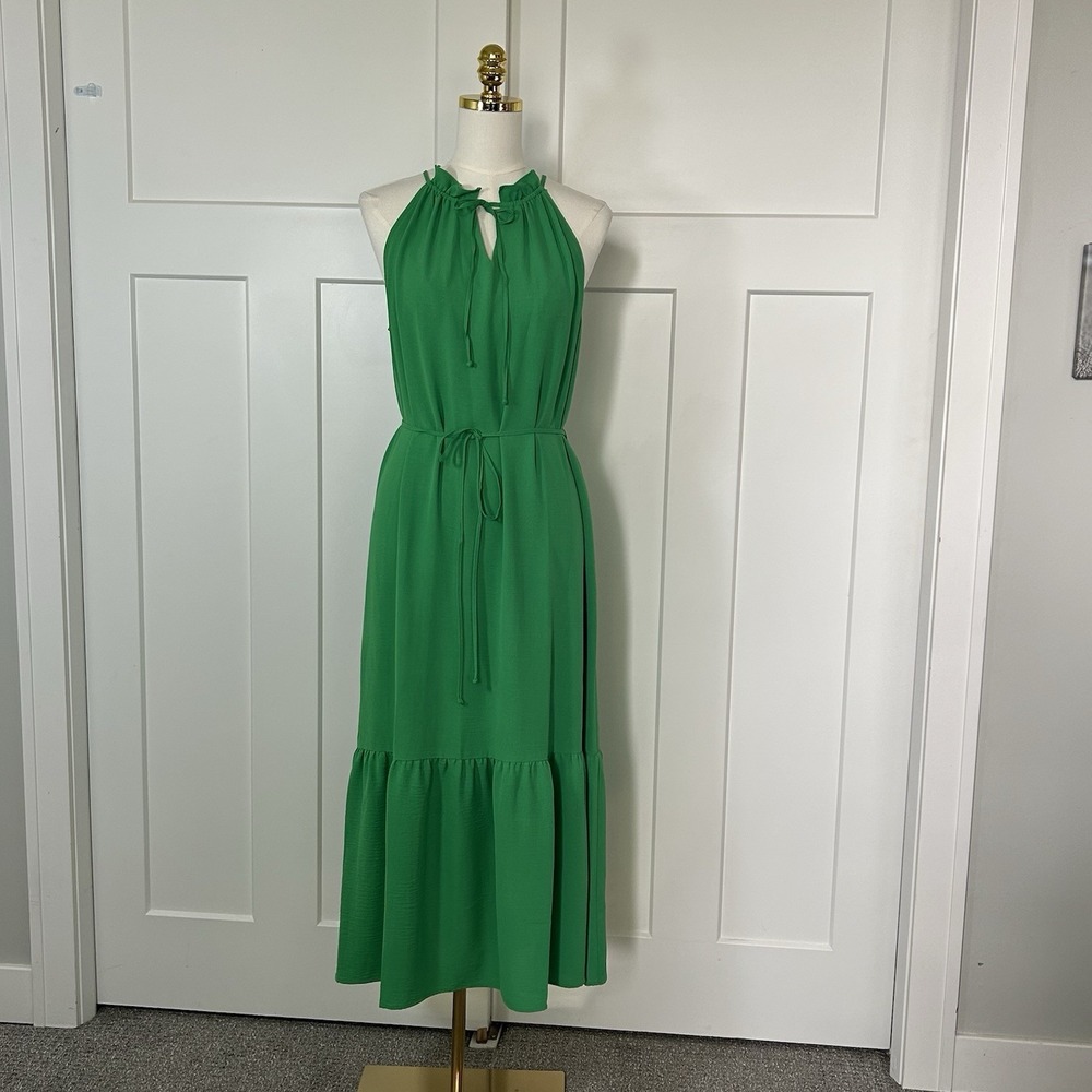 Emma & Michele Green Halter Maxi Dress Size‎ L Tie Waist Tiered Boho Summer $69